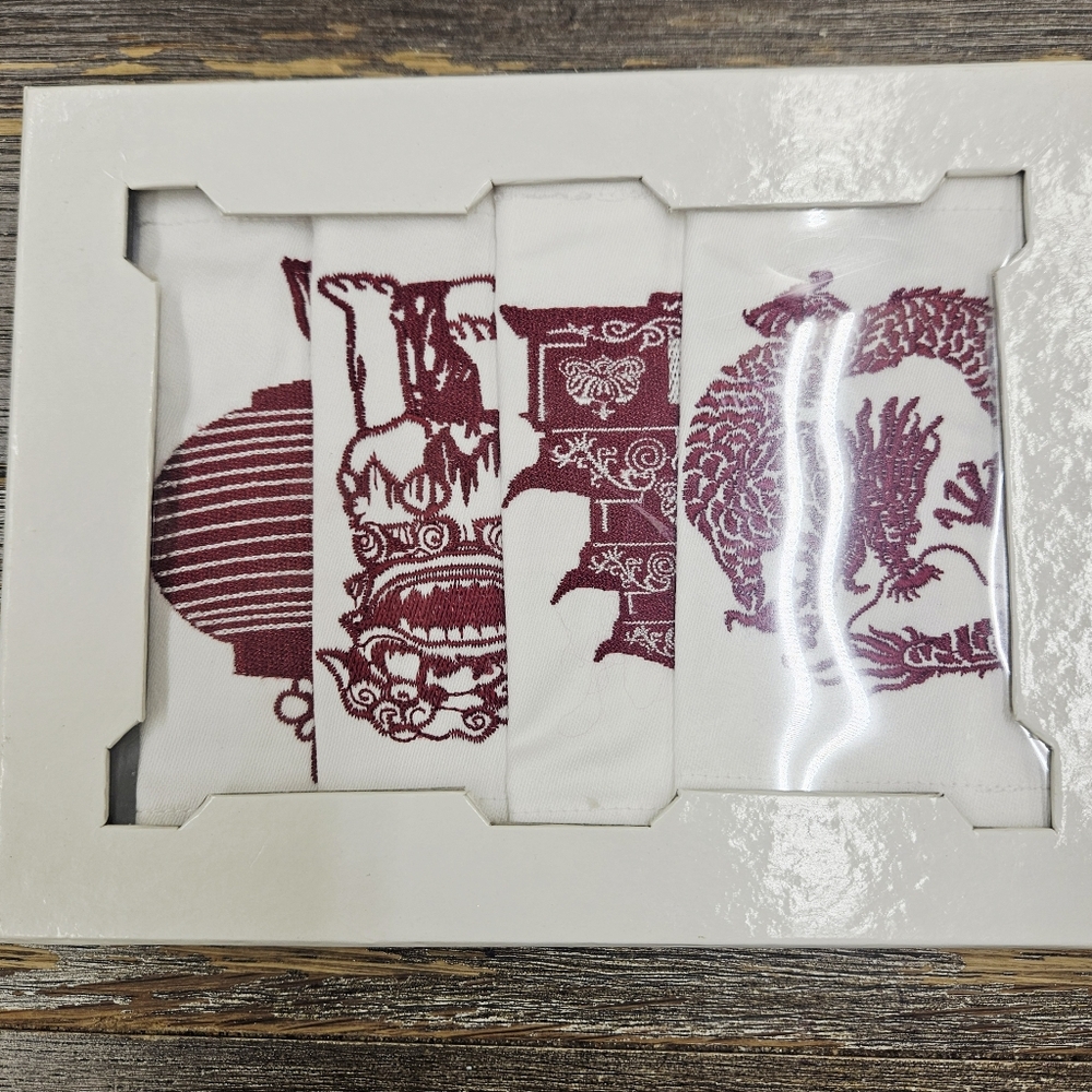 NIB NWT Z Gallerie Dark Red Embroidered Fabric Chinoiserie Coasters Set of 4 - Picture 2 of 4